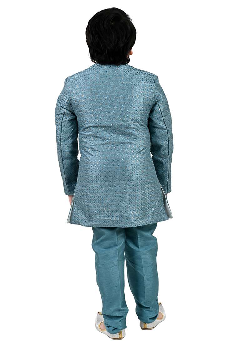 Blue Jacquard Jacquard Boys Sherwani - Indya