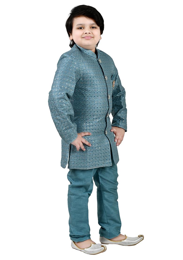 Blue Jacquard Jacquard Boys Sherwani - Indya