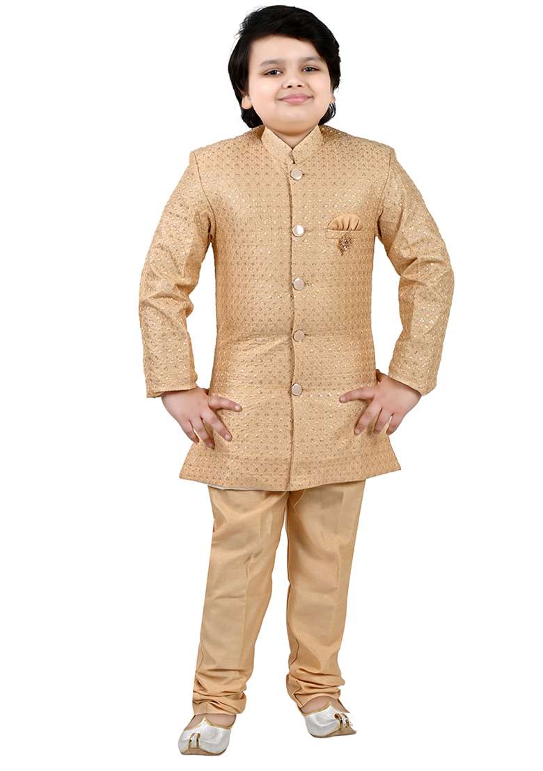 Golden Jacquard Jacquard Boys Sherwani - Indya