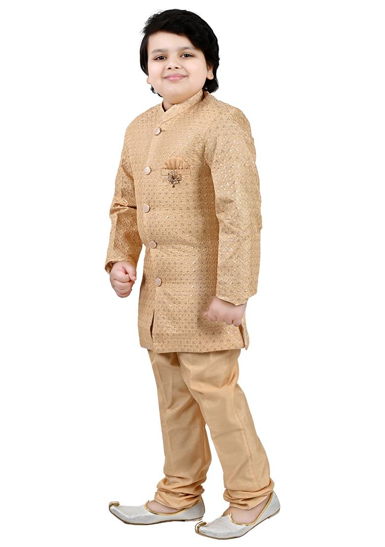 Golden Jacquard Jacquard Boys Sherwani - Indya