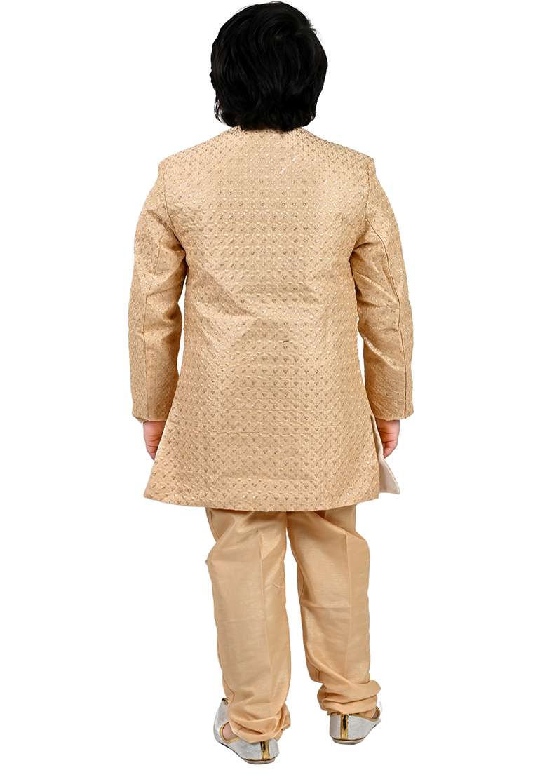 Golden Jacquard Jacquard Boys Sherwani - Indya