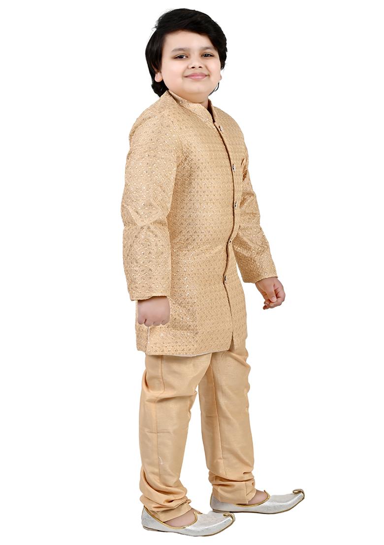 Golden Jacquard Jacquard Boys Sherwani - Indya