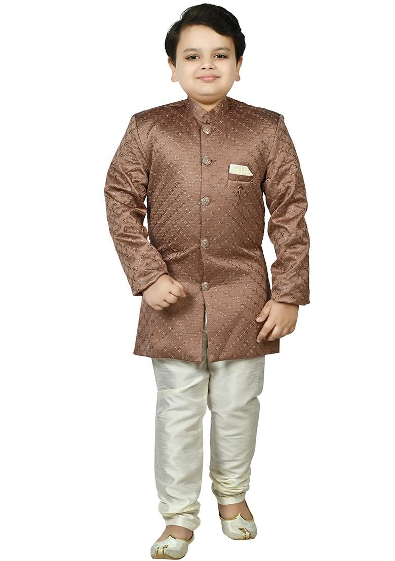 Brown Jacquard Jacquard Boys Sherwani - Indya