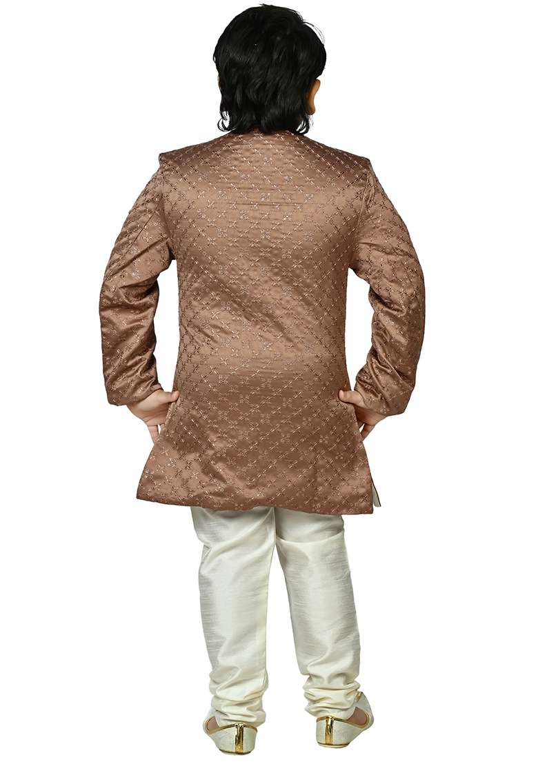 Brown Jacquard Jacquard Boys Sherwani - Indya