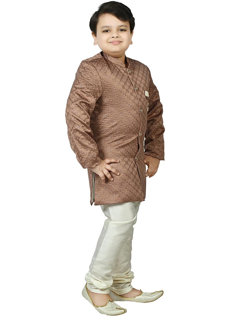 Brown Jacquard Jacquard Boys Sherwani - Indya