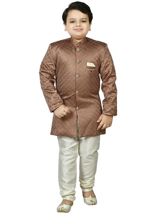 Brown Jacquard Jacquard Boys Sherwani