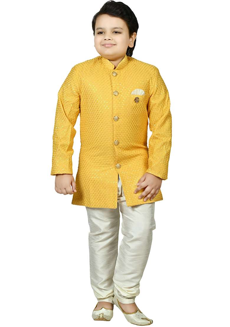 Yellow Jacquard Jacquard Boys Sherwani - Indya