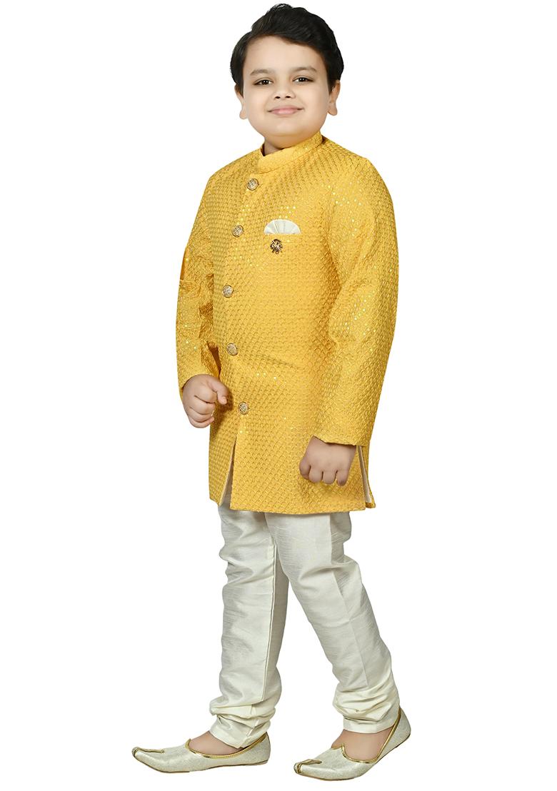 Yellow Jacquard Jacquard Boys Sherwani - Indya