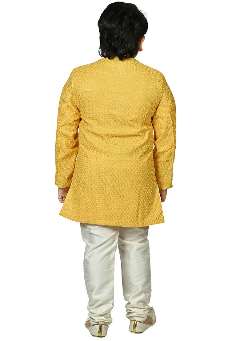 Yellow Jacquard Jacquard Boys Sherwani - Indya