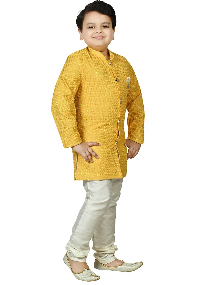Yellow Jacquard Jacquard Boys Sherwani - Indya