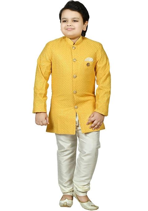 Yellow Jacquard Jacquard Boys Sherwani