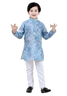 Blue Printed Cotton Blend Kurta Set For Boys