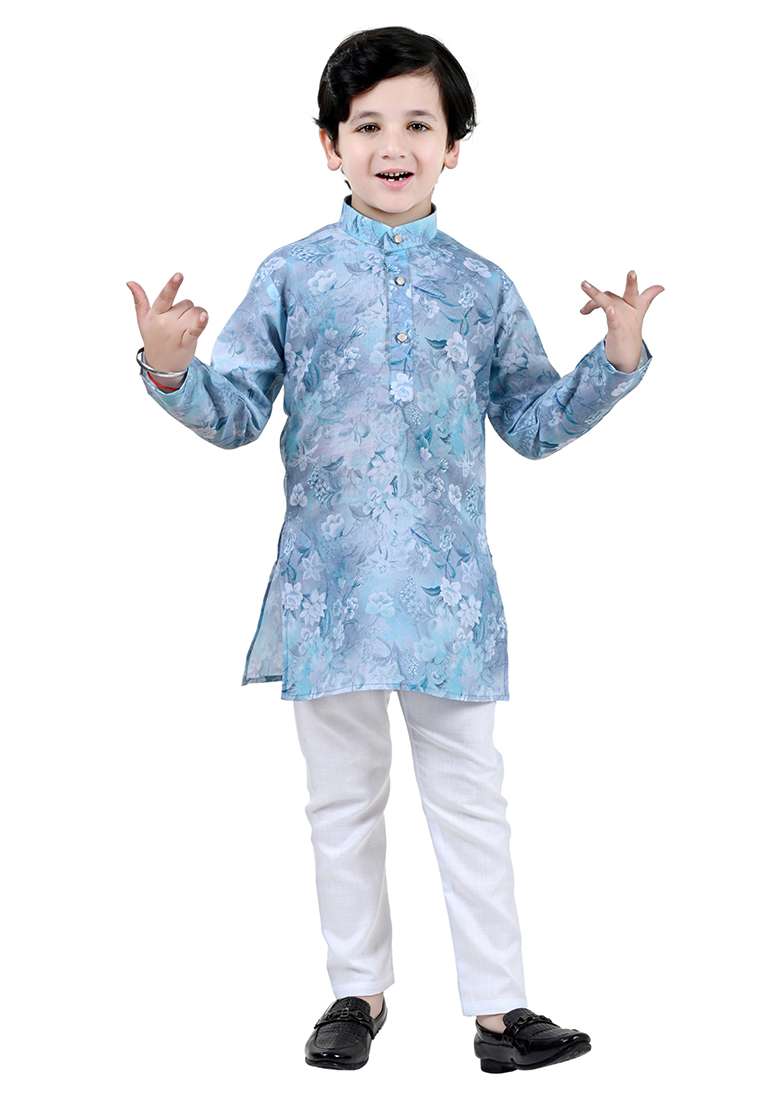 Blue Printed Cotton Blend Kurta Set For Boys - Indya