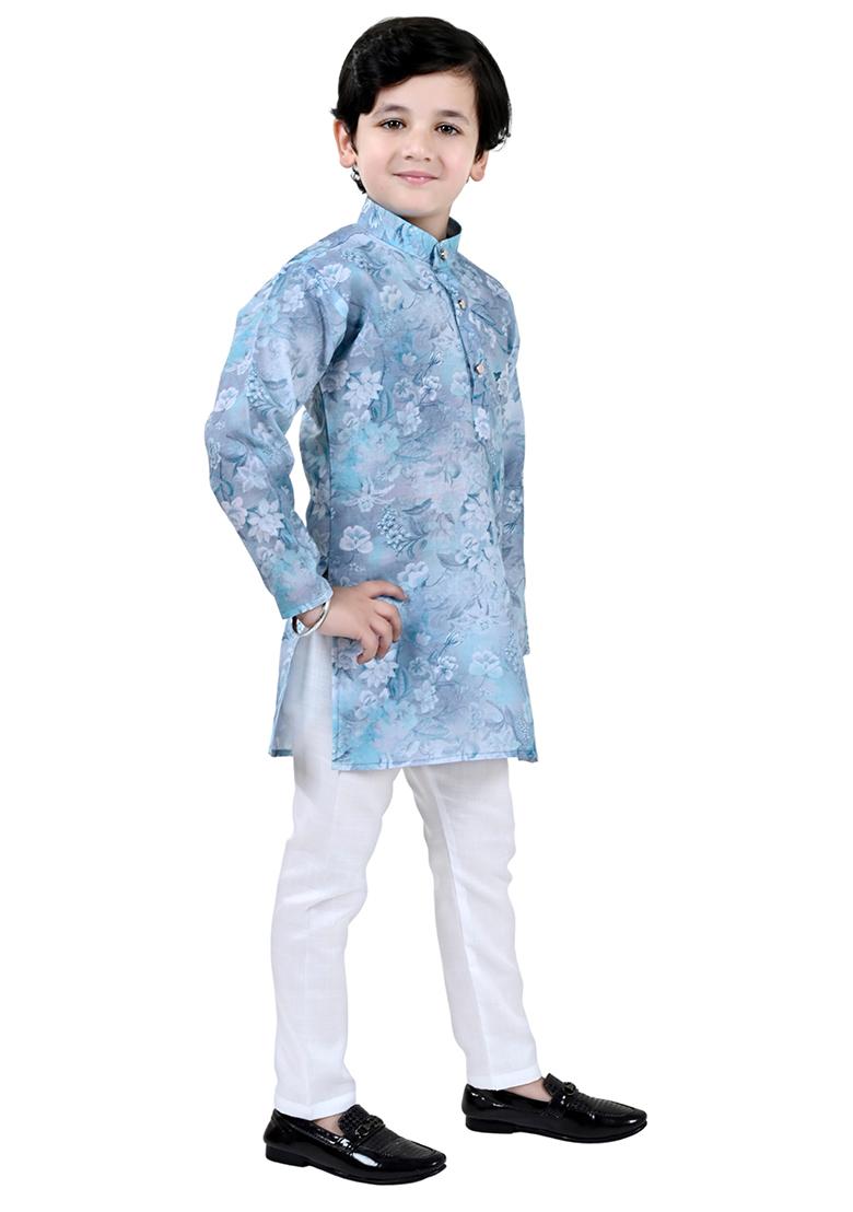 Blue Printed Cotton Blend Kurta Set For Boys - Indya