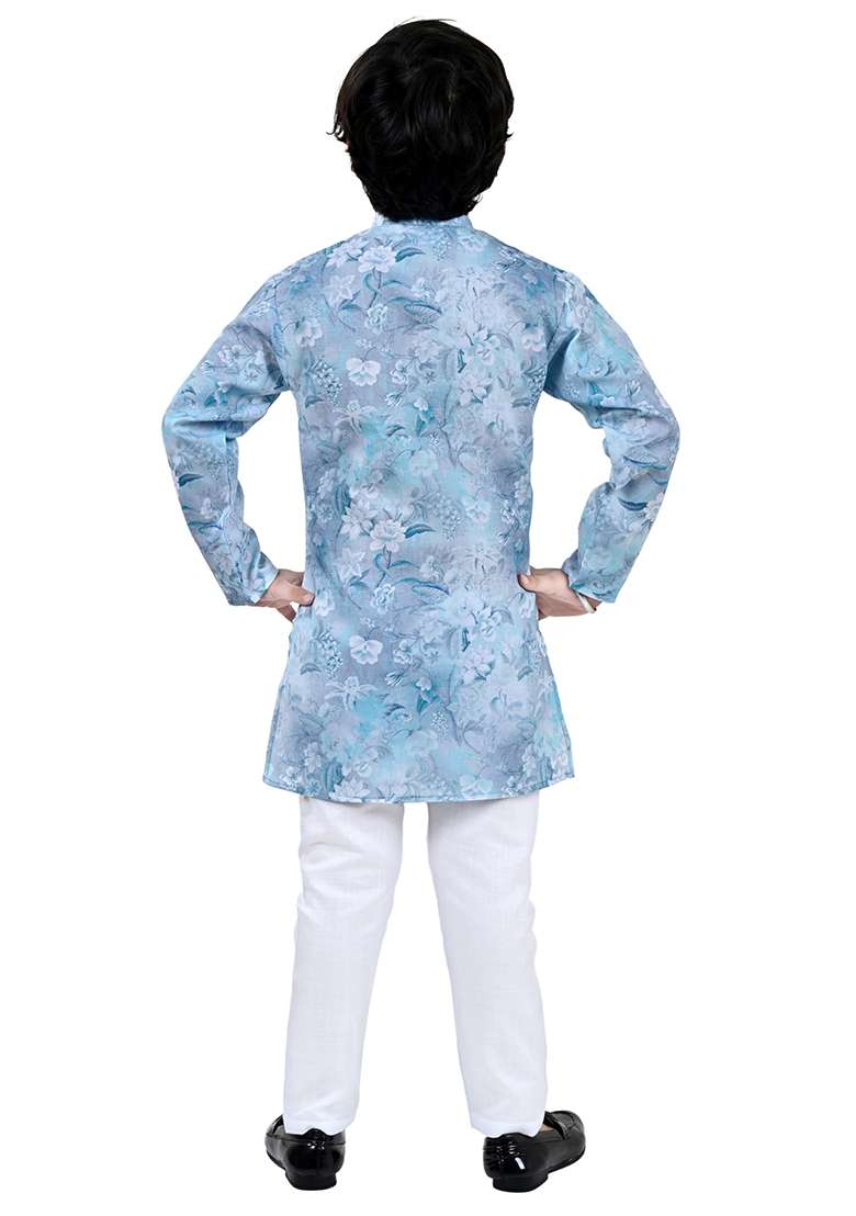 Blue Printed Cotton Blend Kurta Set For Boys - Indya