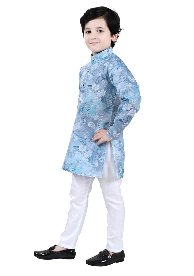Blue Printed Cotton Blend Kurta Set For Boys - Indya