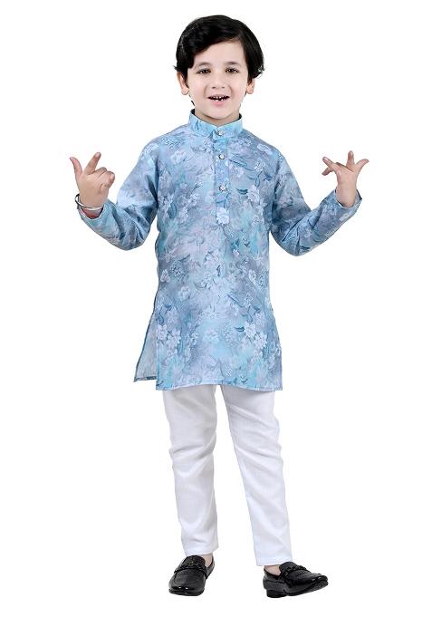 Blue Printed Cotton Blend Kurta Set For Boys
