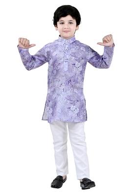 Purple Printed Cotton Blend Kurta Set For Boys