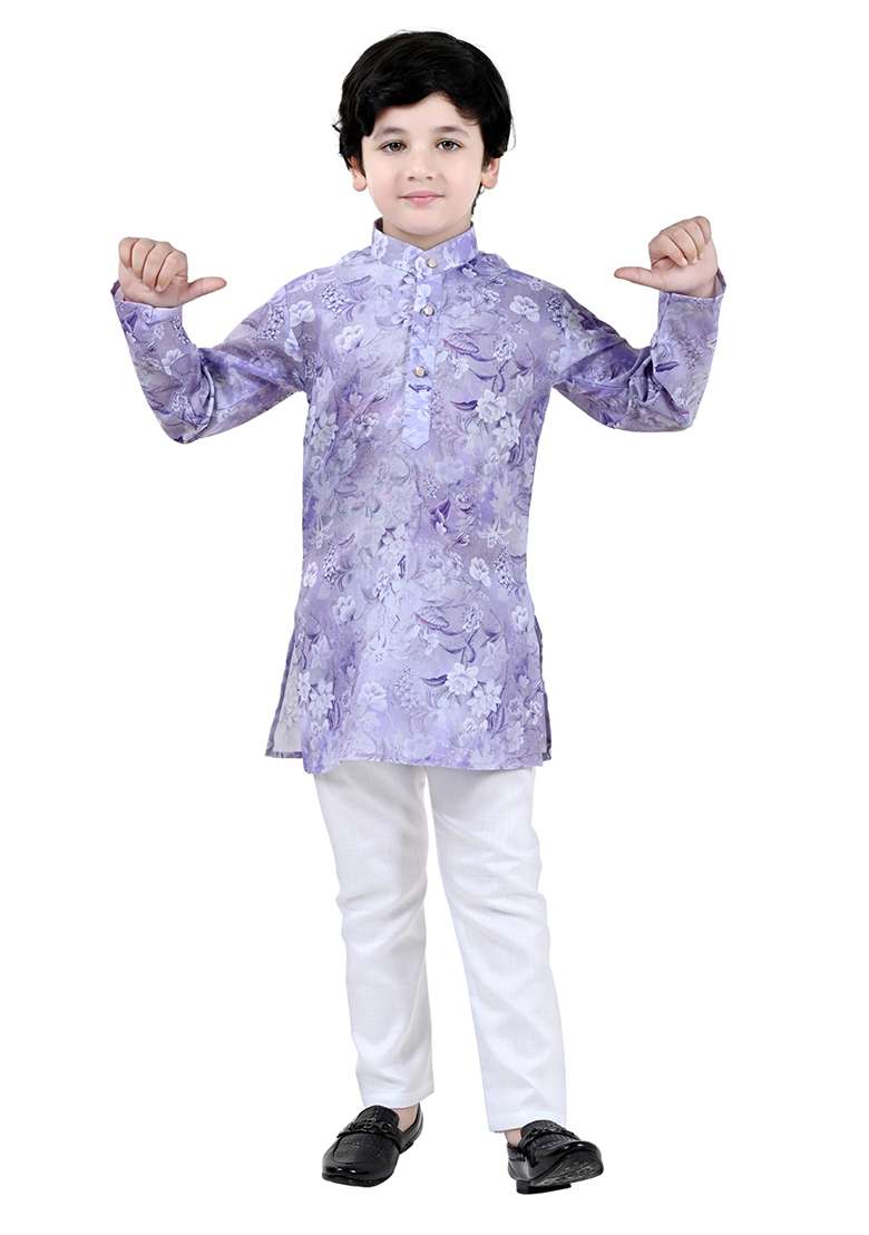 Purple Printed Cotton Blend Kurta Set For Boys - Indya