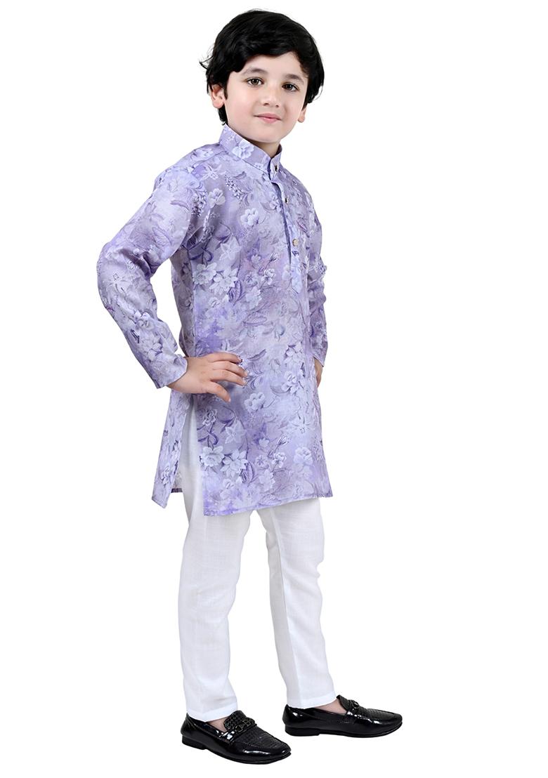 Purple Printed Cotton Blend Kurta Set For Boys - Indya