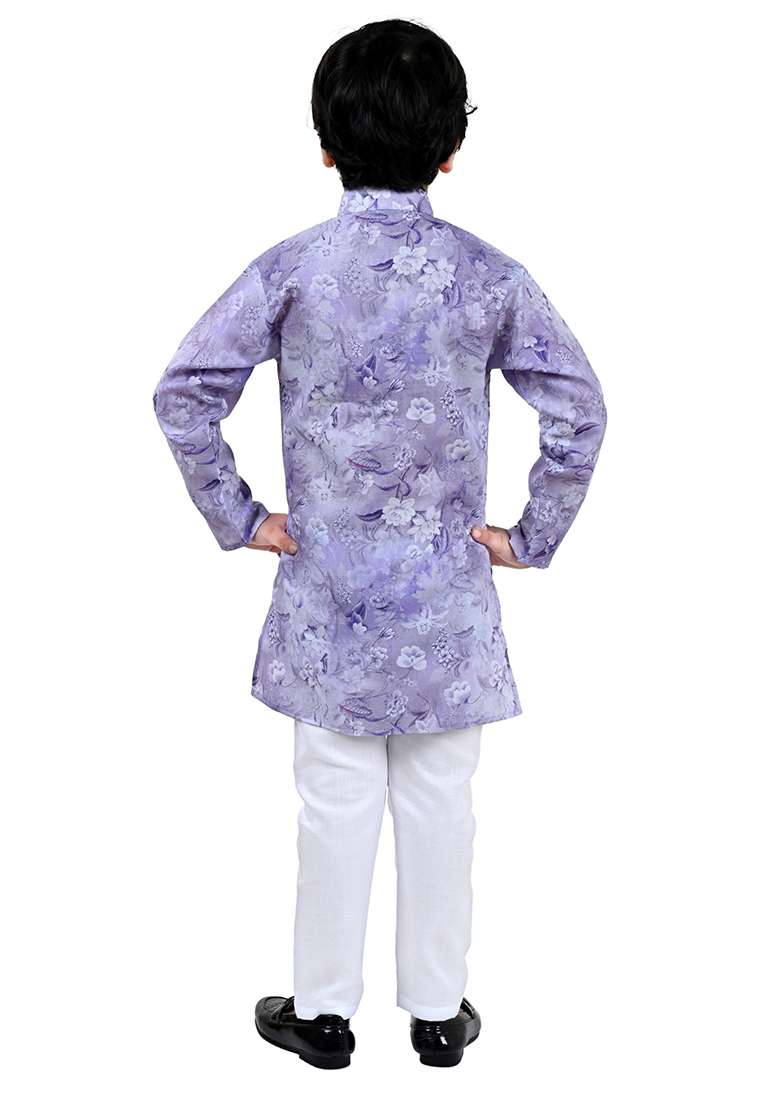 Purple Printed Cotton Blend Kurta Set For Boys - Indya
