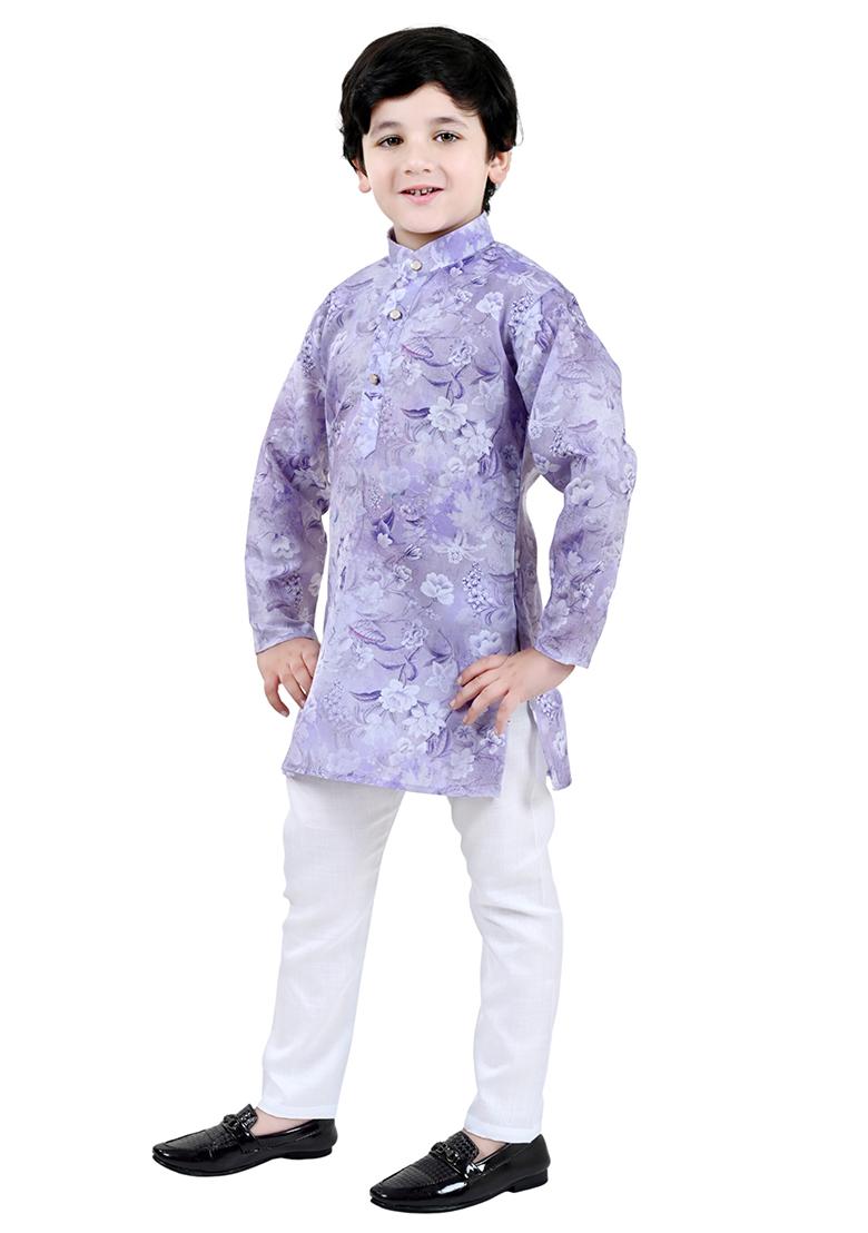 Purple Printed Cotton Blend Kurta Set For Boys - Indya