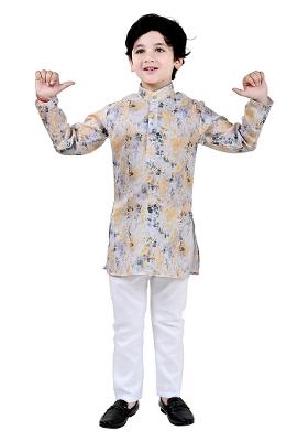 Yellow Printed Cotton Blend Kurta Set For Boys