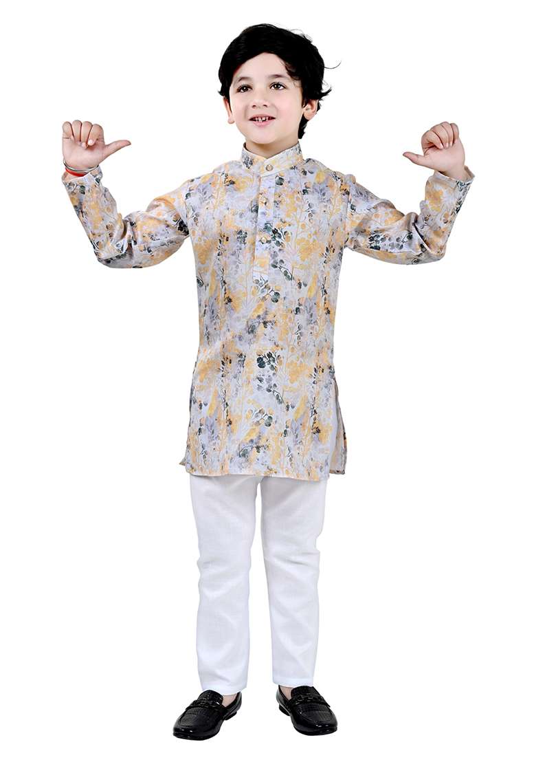 Yellow Printed Cotton Blend Kurta Set For Boys - Indya