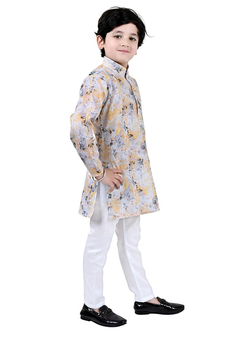 Yellow Printed Cotton Blend Kurta Set For Boys - Indya