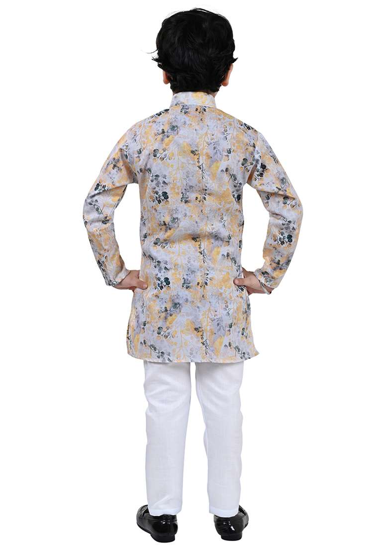 Yellow Printed Cotton Blend Kurta Set For Boys - Indya
