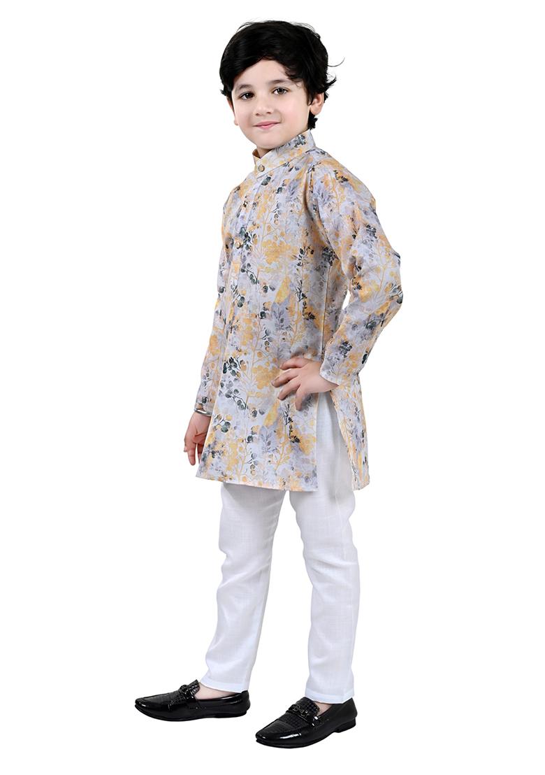 Yellow Printed Cotton Blend Kurta Set For Boys - Indya