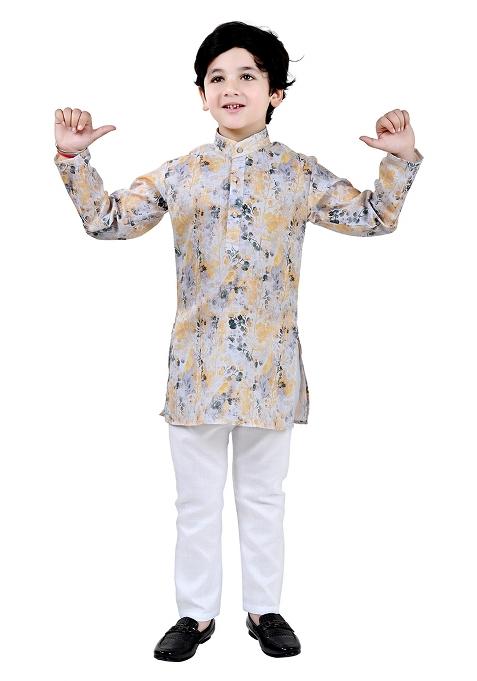 Yellow Printed Cotton Blend Kurta Set For Boys
