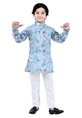 Blue Printed Cotton Blend Kurta Set For Boys