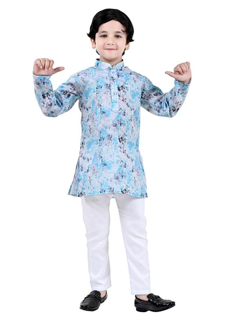 Blue Printed Cotton Blend Kurta Set For Boys - Indya