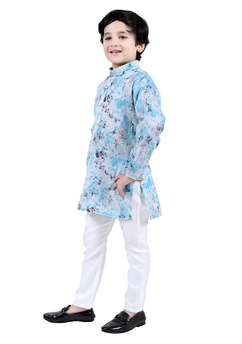 Blue Printed Cotton Blend Kurta Set For Boys - Indya
