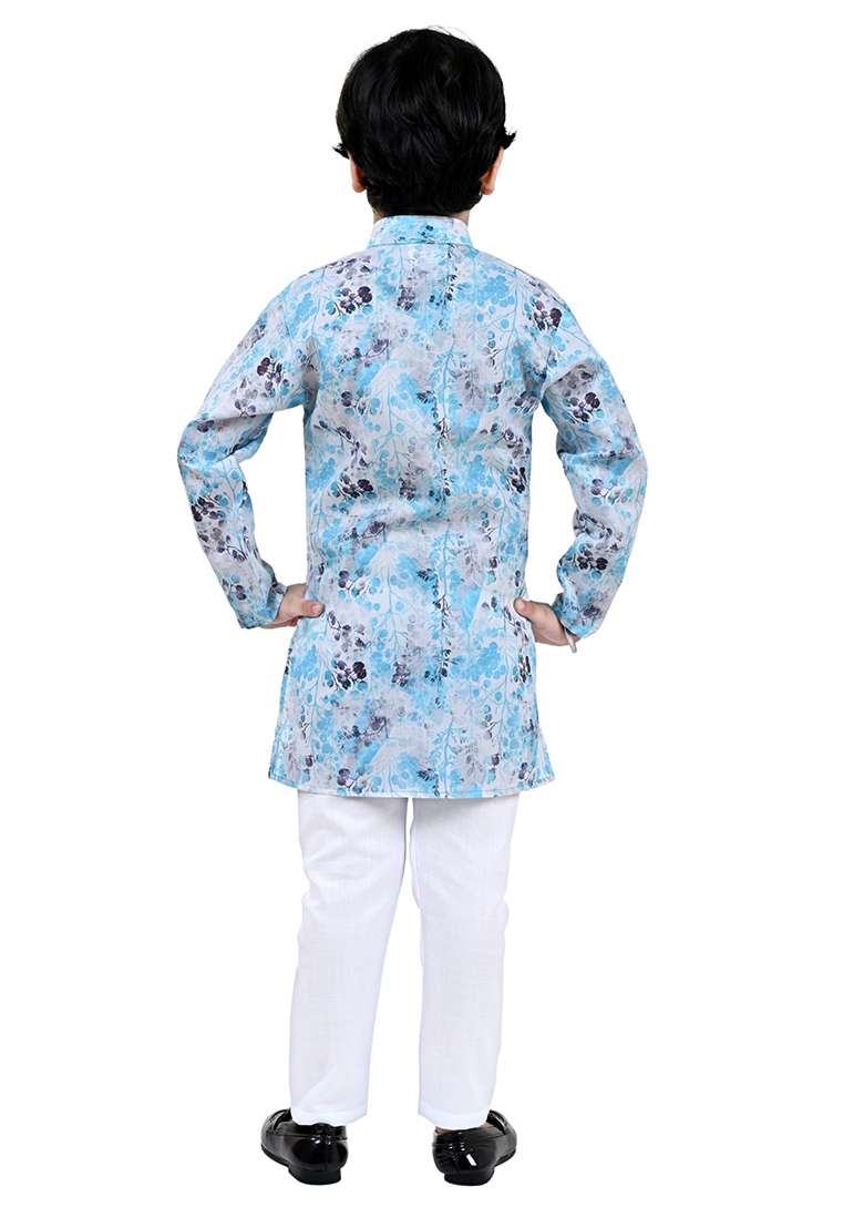 Blue Printed Cotton Blend Kurta Set For Boys - Indya