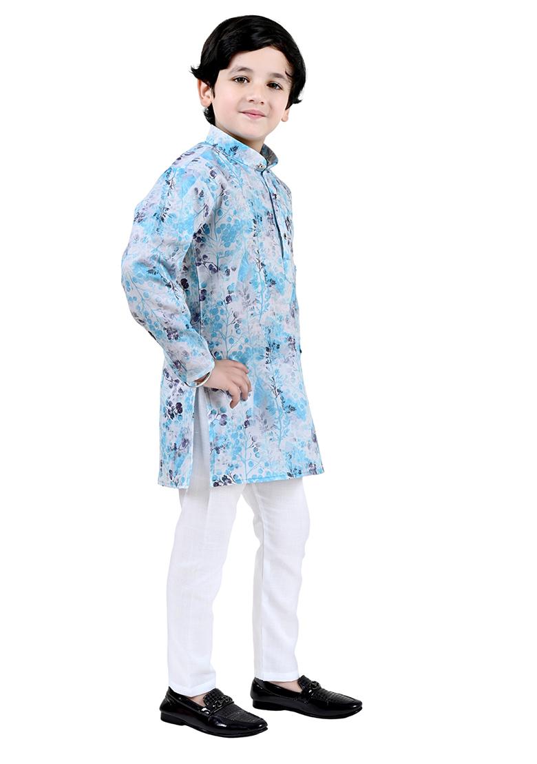 Blue Printed Cotton Blend Kurta Set For Boys - Indya