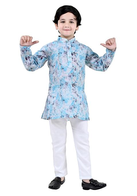Blue Printed Cotton Blend Kurta Set For Boys
