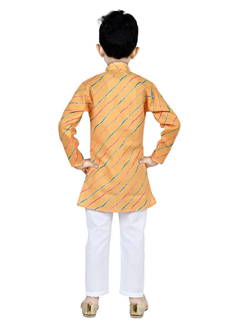 Yellow Printed Cotton Blend Kurta Set For Boys - Indya