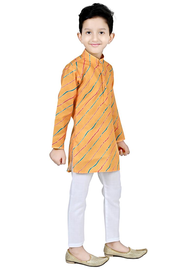 Yellow Printed Cotton Blend Kurta Set For Boys - Indya
