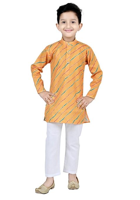 Yellow Printed Cotton Blend Kurta Set For Boys
