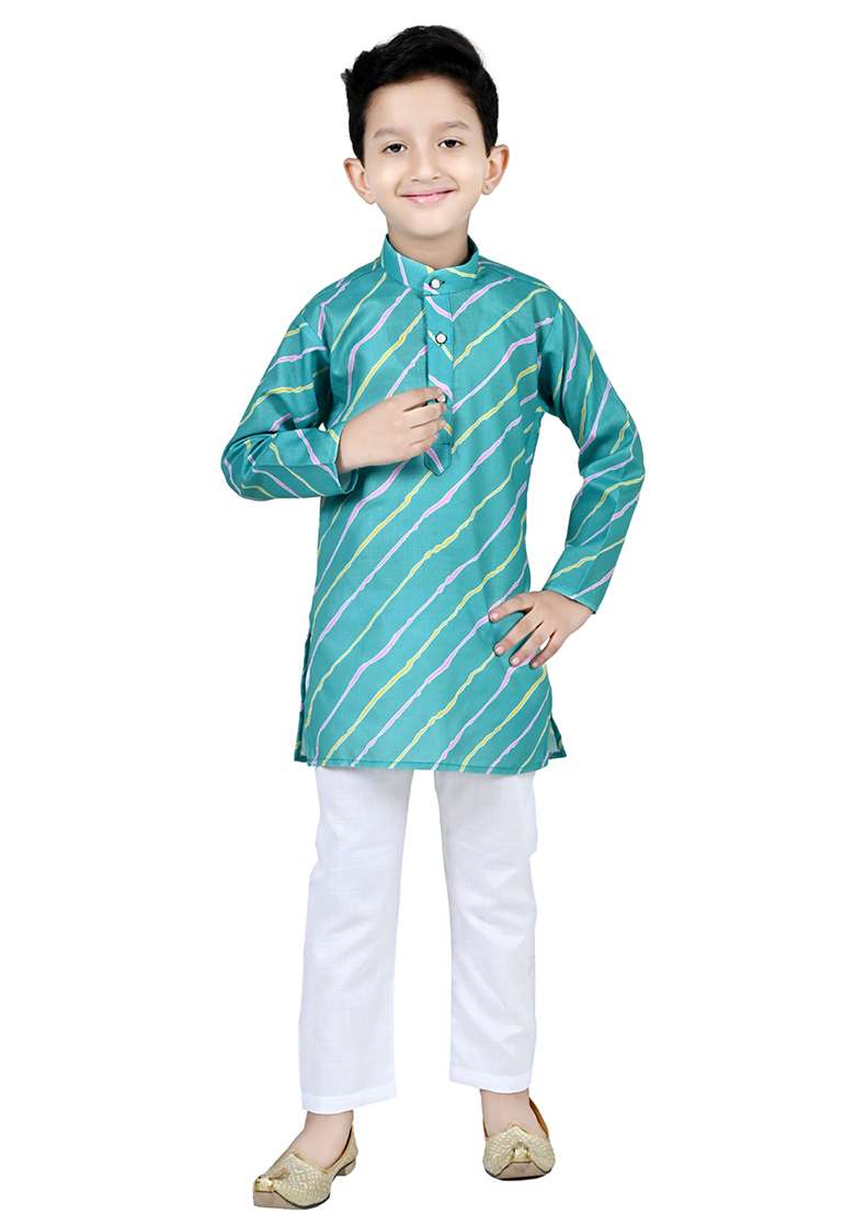 Green Printed Cotton Blend Kurta Set For Boys - Indya