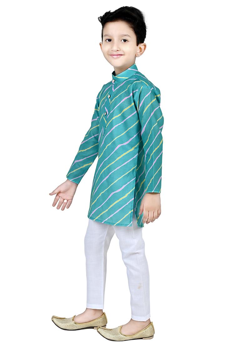 Green Printed Cotton Blend Kurta Set For Boys - Indya