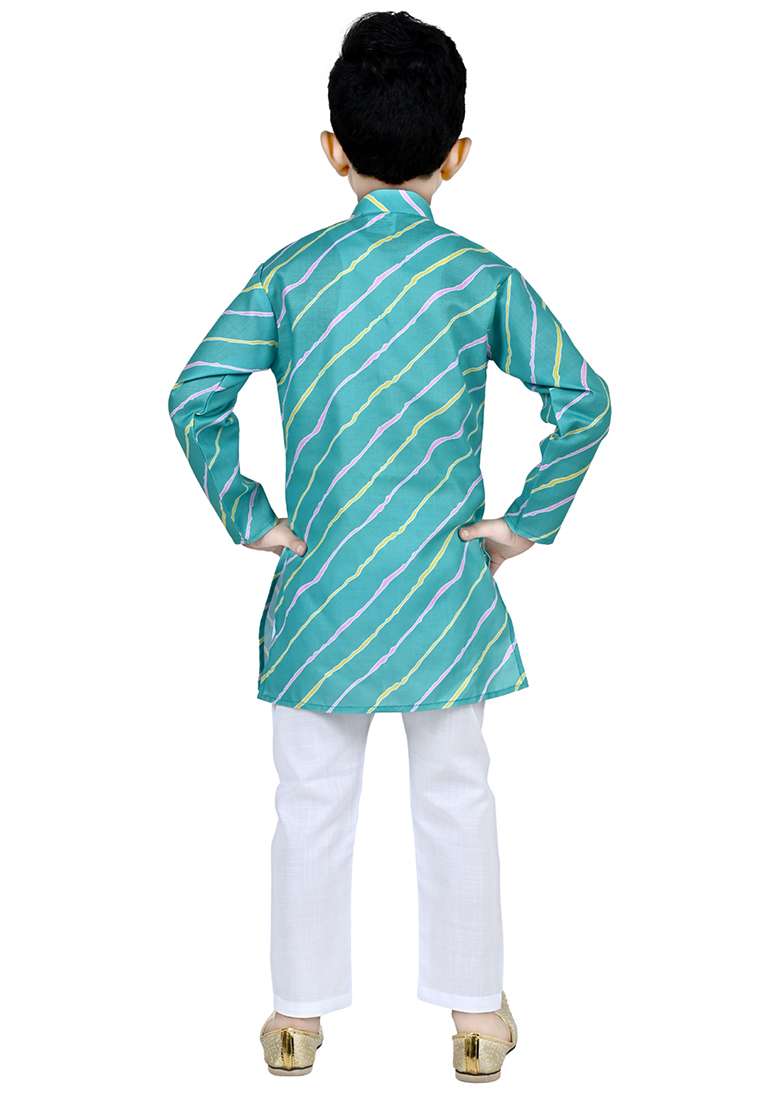 Green Printed Cotton Blend Kurta Set For Boys - Indya