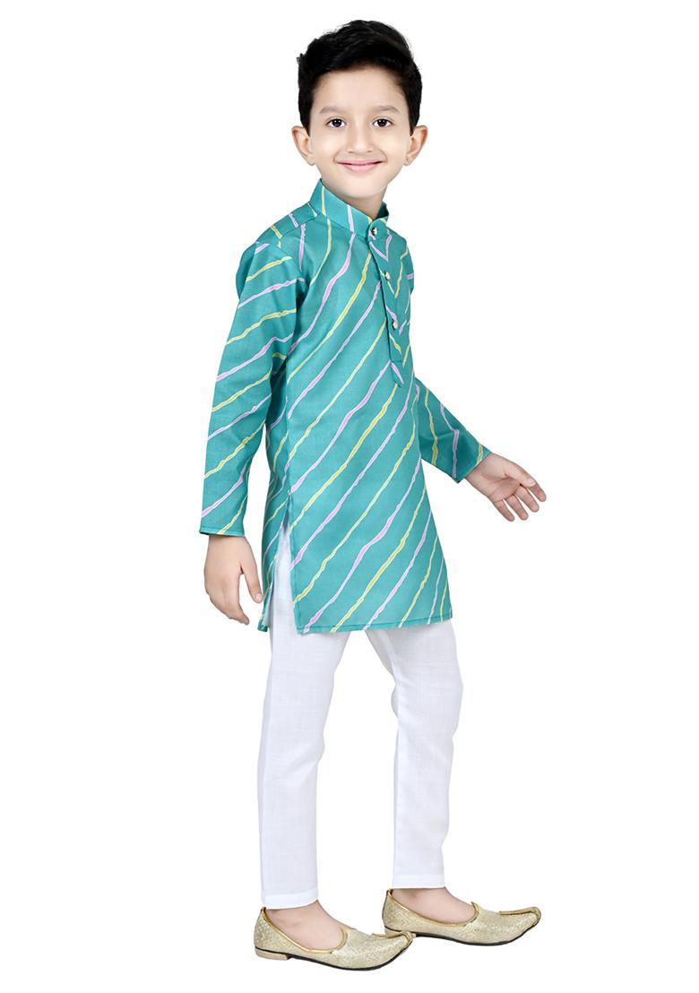 Green Printed Cotton Blend Kurta Set For Boys - Indya