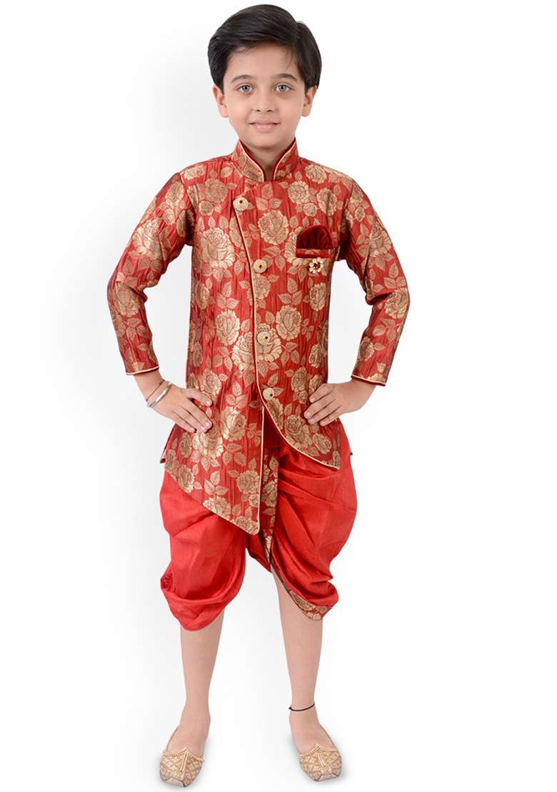 Red Jacquard Jacquard Kurta Set For Boys - Indya