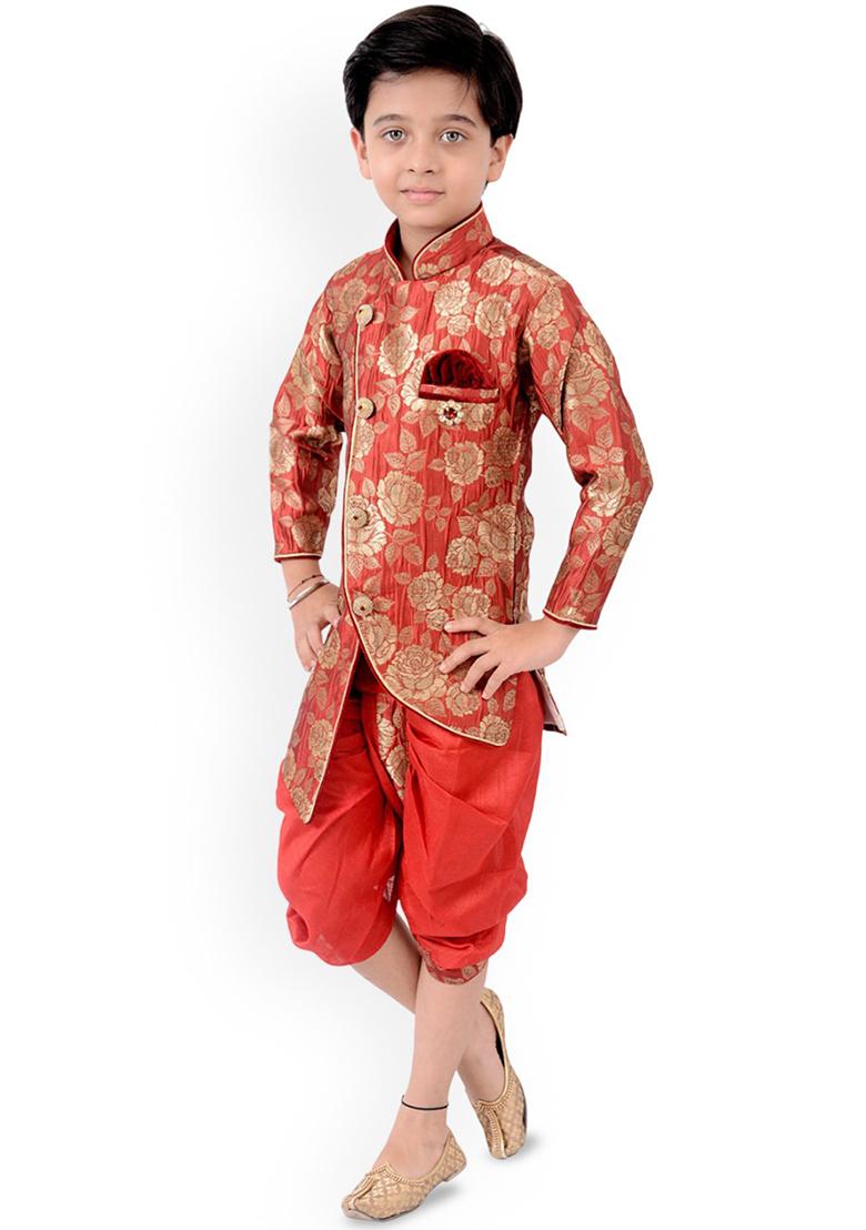 Red Jacquard Jacquard Kurta Set For Boys - Indya