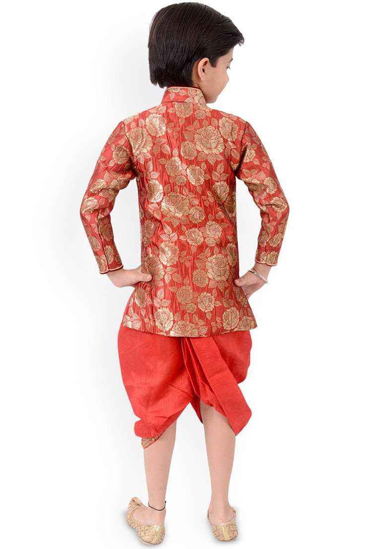 Red Jacquard Jacquard Kurta Set For Boys - Indya