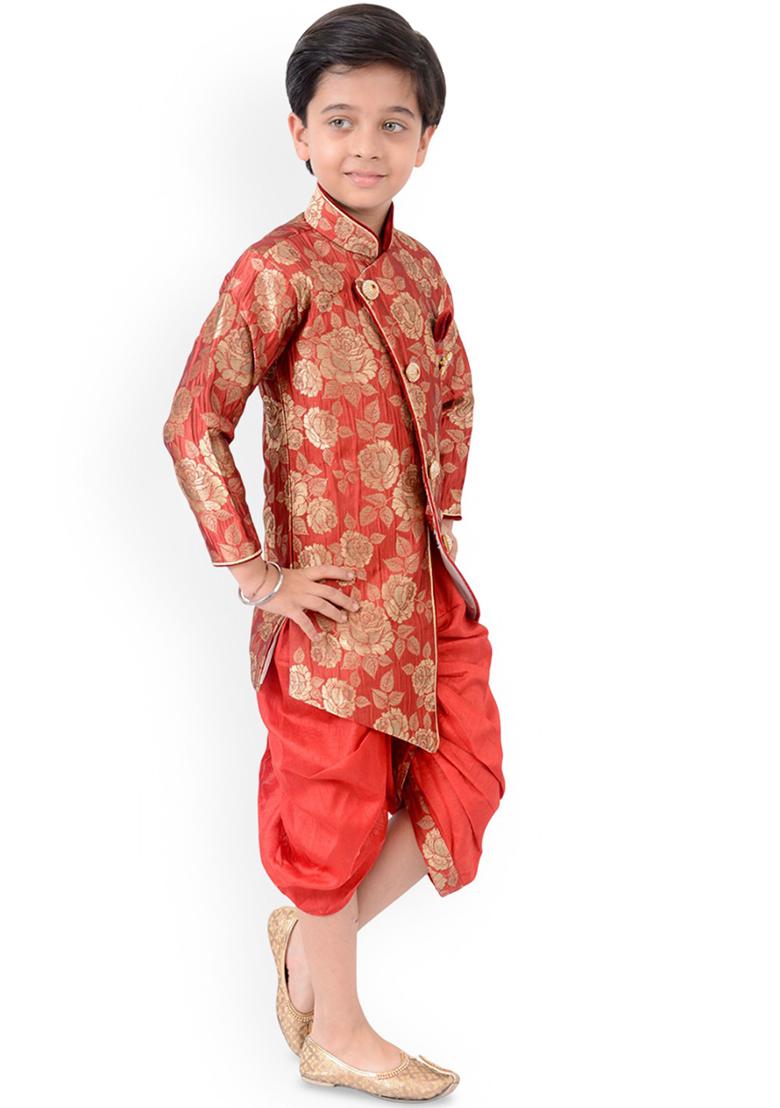 Red Jacquard Jacquard Kurta Set For Boys - Indya