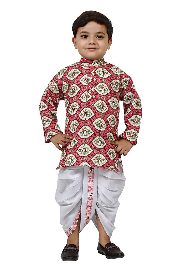Pink Printed Cotton Blend Kurta Set For Boys - Indya